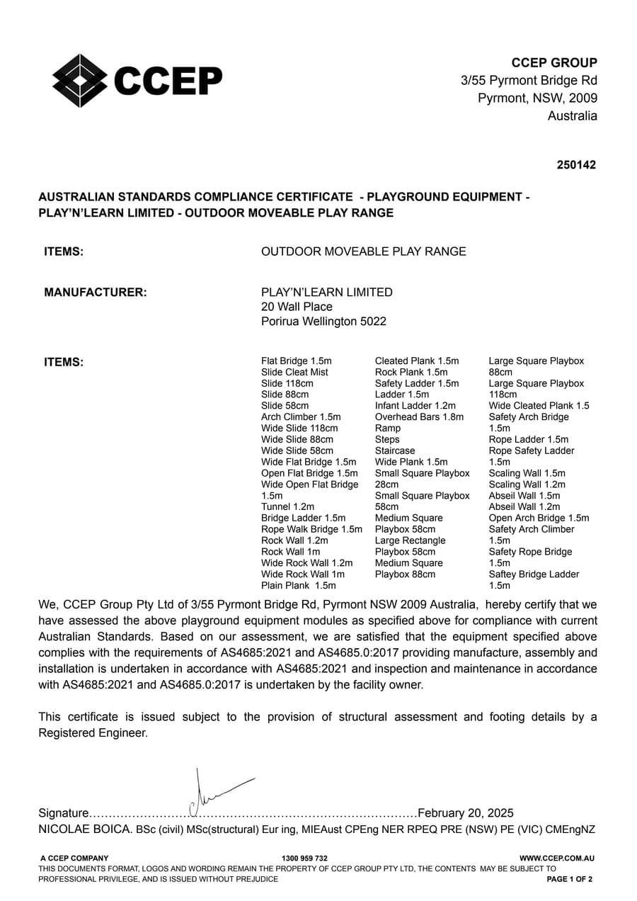 CCEP AS 4685 Australian Standards Compliance Certificate – EverPlay Outdoor Moveable Play Range