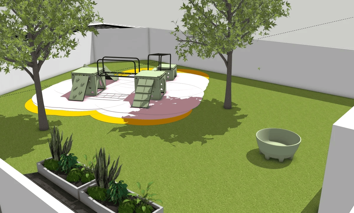 3D render of the same EverPlay configuration showing scale, planting and sightlines