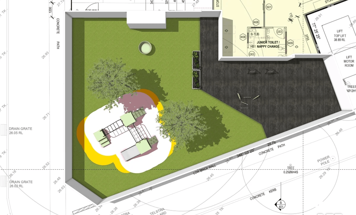 Top-down site plan with AS 4685 fall zones mapped over an outdoor centre courtyard